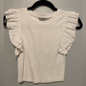 Zara White Ruffle Ribbed Crop Top
